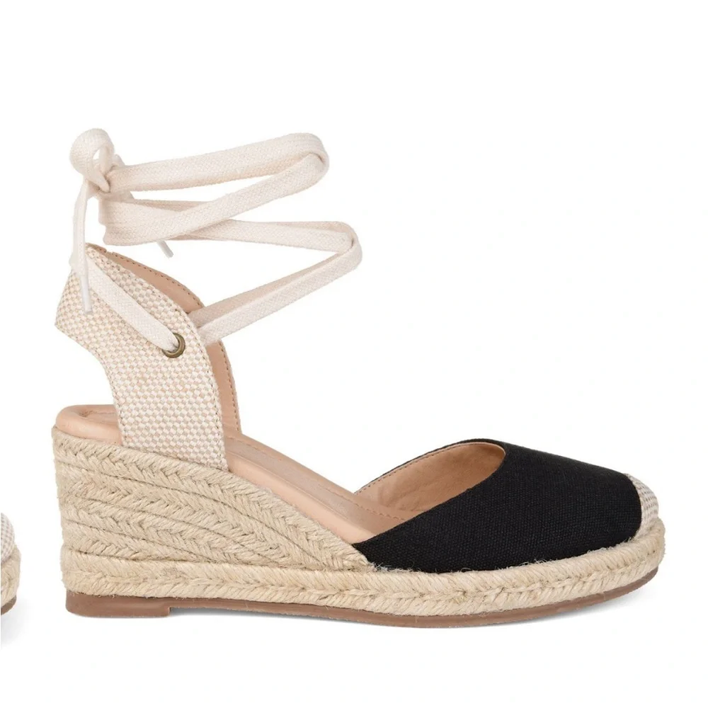 Montce Black and Cream Espadrille Wedge Sandals with Ankle Ties